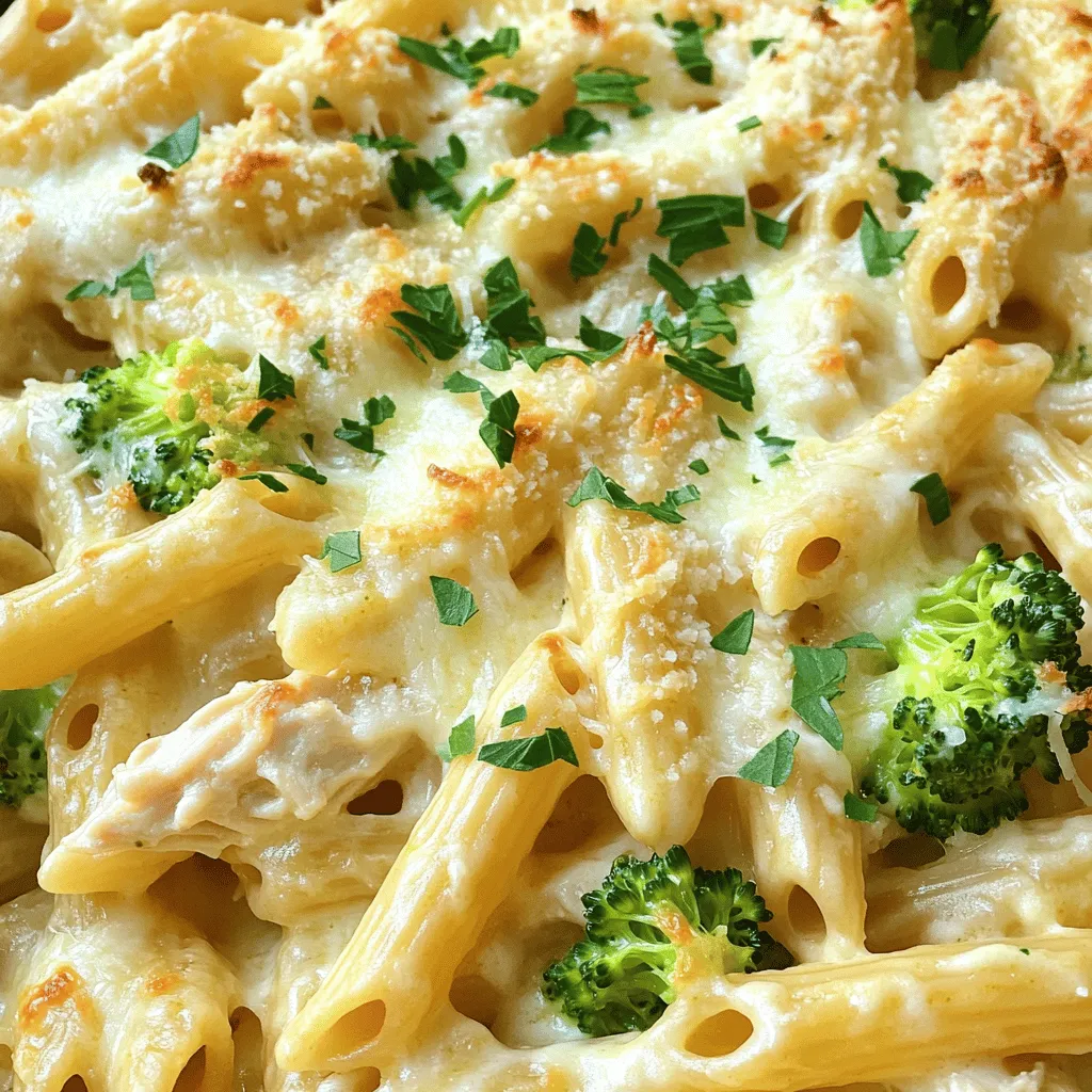 The chicken alfredo pasta casserole recipe stands out for its creamy goodness and hearty flavors. The base starts with <strong>penne pasta</strong>. It holds the sauce well and makes each bite satisfying. You want to cook it until it’s just firm, or al dente.” /></p> <h2>What Are Some Delicious Variations of Chicken Alfredo Pasta Casserole?</h2> <p>You can change up chicken Alfredo pasta casserole in many fun ways.</p> <h3>How can you incorporate different types of pasta?</h3> <p>You can use various pasta shapes like rotini, fusilli, or shells. Each type adds a unique texture. For example, rotini grabs onto the sauce well. Shells can hold the sauce inside, making each bite tasty. You can even try gluten-free pasta if you need it. Just cook it as the package says for best results.</p> <h3>What other proteins can you use in the casserole?</h3> <p>You do not have to stick to chicken. Turkey works great too. If you want a meatless option, use tofu or chickpeas. Shrimp or sausage adds a nice twist. Mix and match to find your favorite protein. Each one will give the casserole its own flavor.</p> <h3>How can you modify the recipe for dietary needs?</h3> <p>You can make the casserole healthier by using whole grain pasta. For dairy-free needs, try cashew cream or coconut milk instead of Alfredo sauce. You can replace cheese with a vegan option. If you want to cut calories, use less cheese or add more veggies. Some great choices are spinach, bell peppers, or zucchini. These changes keep the dish tasty while fitting your needs.</p> <p>This tasty recipe is flexible. You can find a version that suits everyone at the table.</p> <h2>What Are the Best Suggestions for Serving Chicken Alfredo Pasta Casserole?</h2> <p>Serving Chicken Alfredo Pasta Casserole can elevate your meal experience. Here are some great ideas.</p> <h3>What side dishes complement this casserole?</h3> <p>To balance the rich flavors of the casserole, serve it with a light salad. A fresh green salad with mixed greens and vinaigrette pairs well. Roasted vegetables also make a nice side. They add color and nutrients to the meal.</p> <h3>How can you store and reheat leftovers effectively?</h3> <p>Store leftovers in an airtight container. This keeps the flavors fresh. You can keep it in the fridge for up to three days. To reheat, use an oven set to 350°F. Cover the dish with foil to prevent drying out. Heat for about 20 minutes or until warm.</p> <h3>What garnishes enhance the presentation of the dish?</h3> <p>Garnishing adds a nice touch. Sprinkle fresh parsley on top for color. You can also add a bit of grated Parmesan cheese. This enhances the flavor and looks appealing. A few slices of cherry tomatoes can brighten the dish too. Each of these garnishes makes your casserole look even more inviting.</p> <p><img decoding=