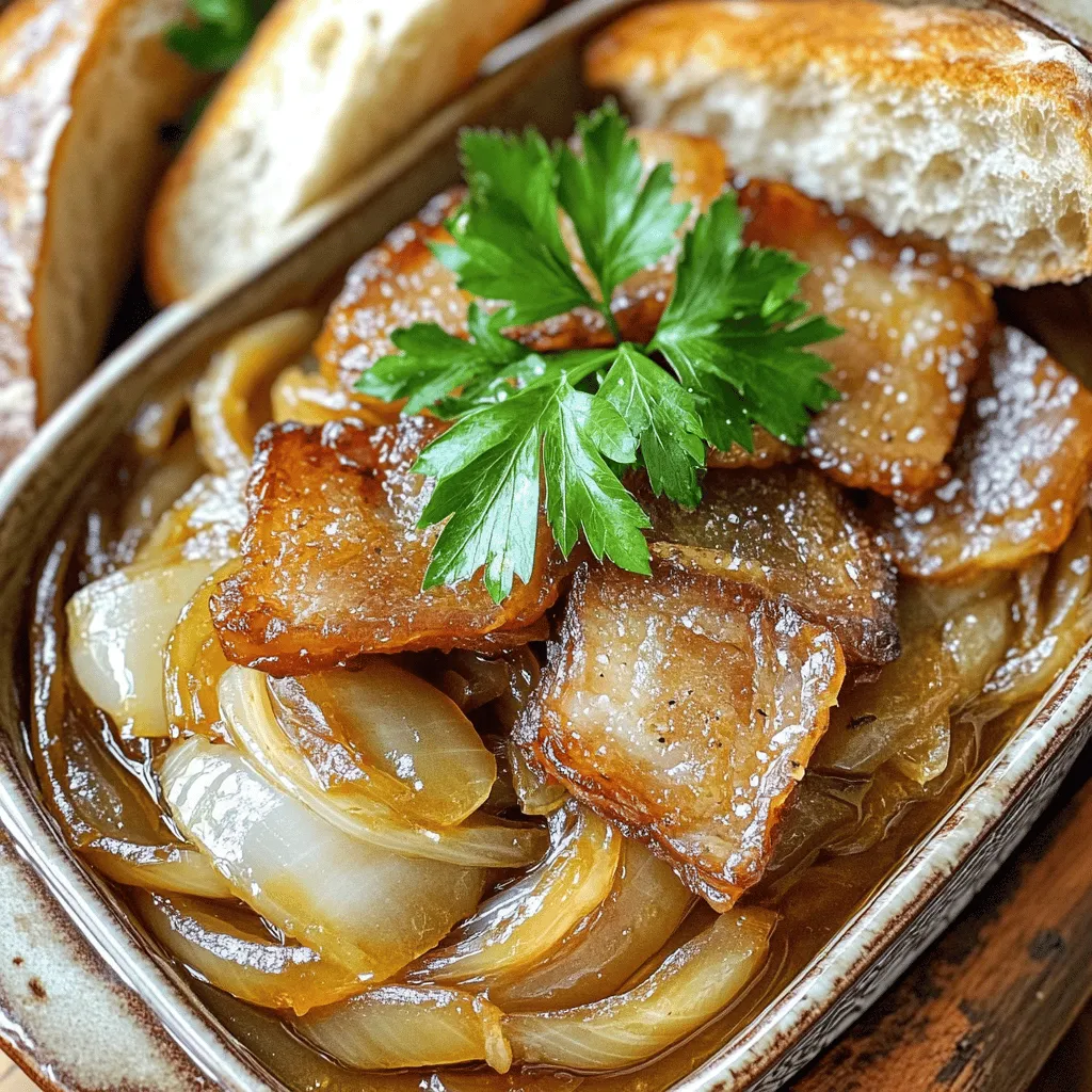 To make savory beer-infused onions with crispy salted pork, gather these key ingredients. You will need four large onions, thinly sliced. Onions form the base of this dish. Use one cup of non-alcoholic beer or broth for a non-alcoholic option. This adds depth and flavor. You also need two tablespoons of unsalted butter and two tablespoons of olive oil for cooking. These fats help to caramelize the onions.