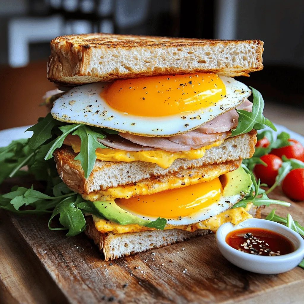 A great egg and ham sandwich starts with the right ingredients. You need four slices of whole grain bread, four large eggs, and four slices of smoked ham. These items form the base of your sandwich.