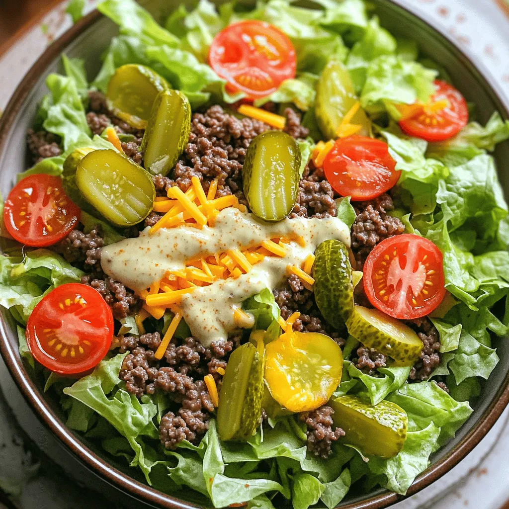 This Keto Big Mac Salad is tasty and easy to make. You will need: - 1 lb ground beef - 1 tablespoon olive oil - 1 teaspoon garlic powder - 1 teaspoon onion powder - Salt and pepper to taste - 4 cups romaine lettuce, chopped - 1 cup cherry tomatoes, halved - 1 cup dill pickles, sliced - 1/2 cup shredded cheddar cheese - 1/2 cup mayonnaise - 2 tablespoons Dijon mustard - 1 tablespoon sugar-free ketchup - 2 tablespoons apple cider vinegar - 1 teaspoon paprika
