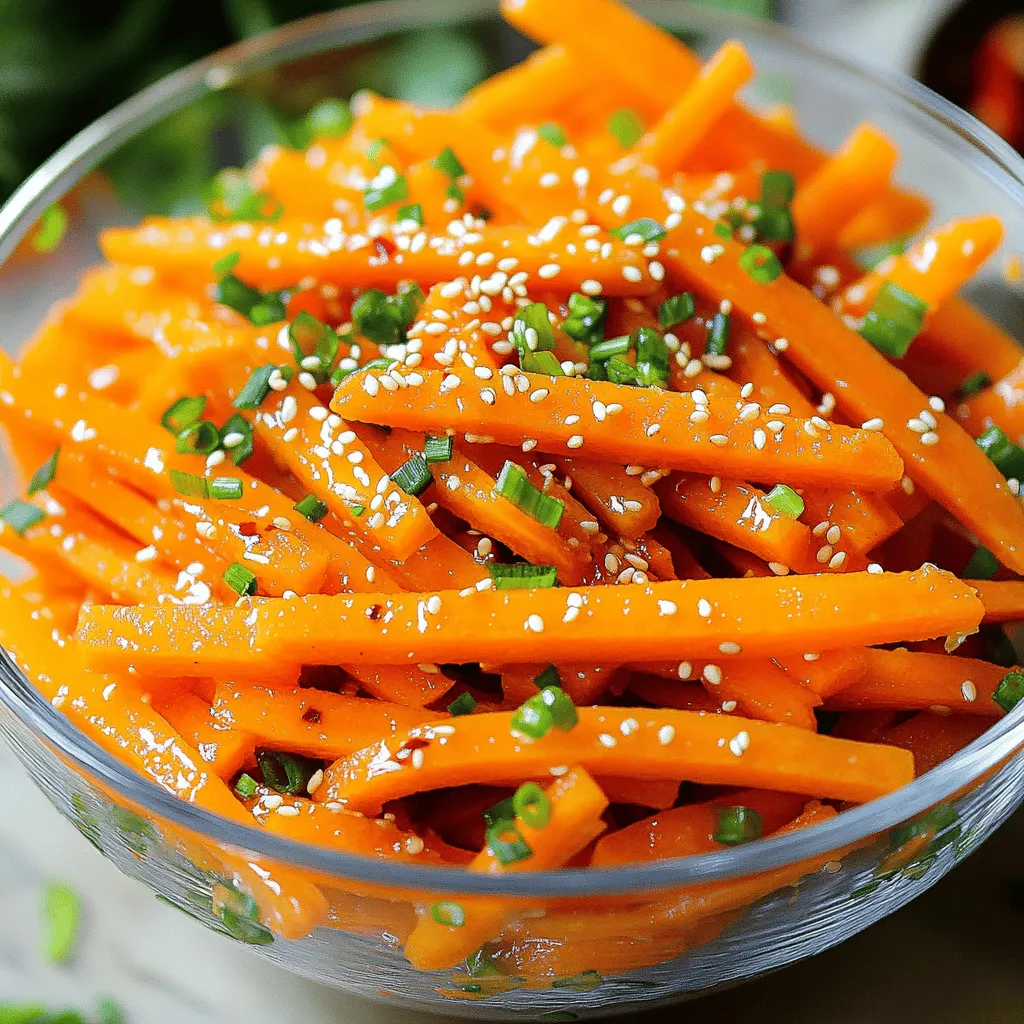 - 4 medium carrots, julienned - 2 tablespoons sesame oil - 1 tablespoon rice vinegar - 1 tablespoon soy sauce - 1 teaspoon sugar - 1 clove garlic, minced - 1 tablespoon sesame seeds, toasted - 1 green onion, finely chopped - A pinch of red pepper flakes (adjust to taste) - Salt to taste