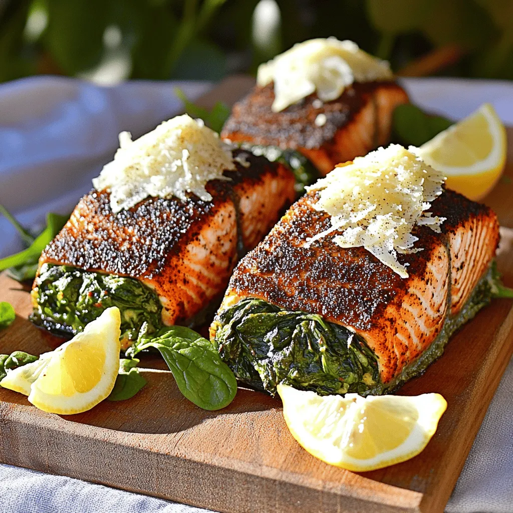 Cooking blackened salmon is simple with the right ingredients. For this dish, you need fresh salmon fillets, spinach, and Parmesan cheese. Let