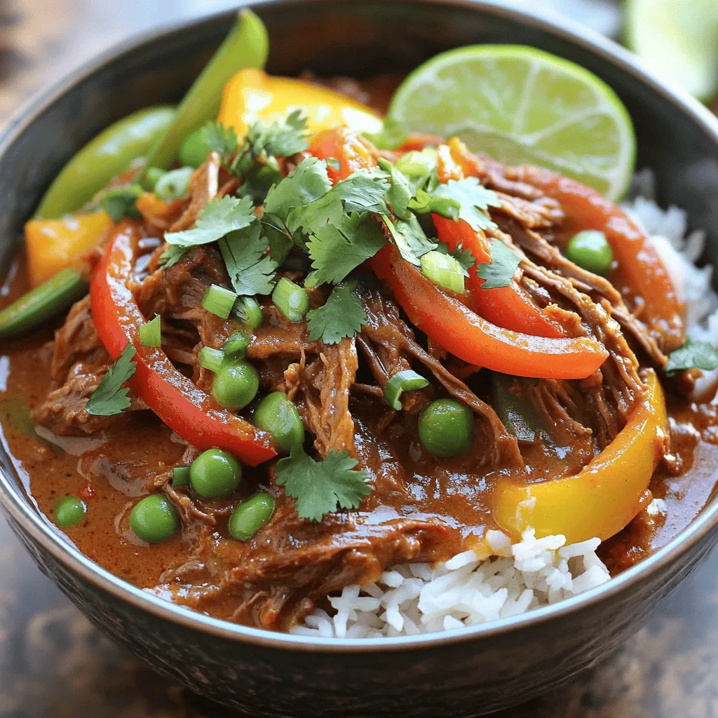 What are the key ingredients for a perfect coconut red curry? The magic starts with beef brisket. This cut becomes tender and juicy as it cooks. Next, we need coconut milk. It adds creaminess and a rich taste. The red curry paste brings heat and depth to the dish. Beef broth keeps everything moist and flavorful. Fish sauce adds umami, and brown sugar balances the spice. Fresh lime juice gives a bright zing. Lastly, colorful bell peppers and snap peas add crunch and nutrients.