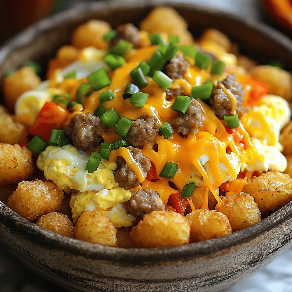 - 2 cups frozen tater tots - 4 large eggs - 1 cup breakfast sausage, crumbled - 1/2 cup shredded cheddar cheese