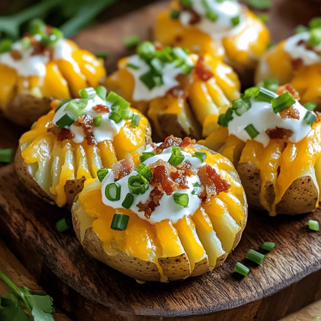 Crispy loaded hasselback potato bites are a fun twist on classic potatoes. They are small, fan-shaped bites, loaded with cheese, bacon, and toppings. Each bite offers a crunchy outside and a soft inside. You can enjoy these bites as a snack or serve them at parties.
