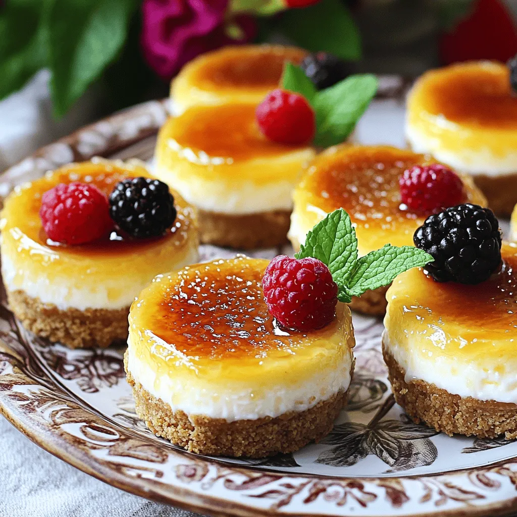 Mini crème brûlée cheesecakes blend two classic desserts into one. They are individual cheesecake desserts that offer rich flavor and creamy texture. Each bite delivers a sweet balance of cheesecake and the signature caramelized sugar topping. These mini treats stand out with their elegant look and delightful taste.