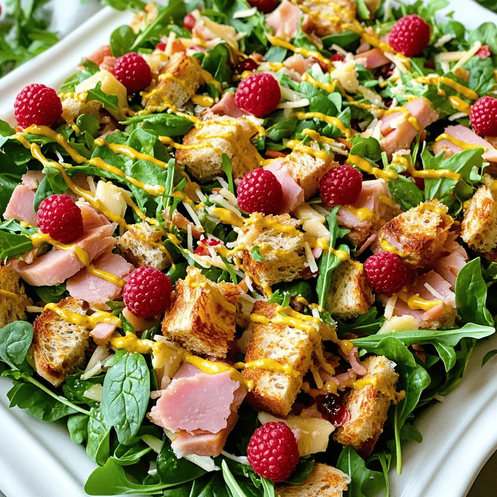To make a delicious Monte Cristo salad, you need several key ingredients. Start with four slices of whole grain bread. Toast and cube them for a nice crunch. You will also want two cups of mixed greens. Spinach, arugula, and romaine work well together.