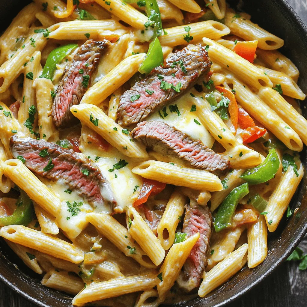 To make this one-pot Philly cheesesteak pasta skillet, you need simple ingredients. You will need 12 ounces of penne pasta. This pasta holds the sauce well. You also need 1 tablespoon of olive oil for cooking the beef and veggies.