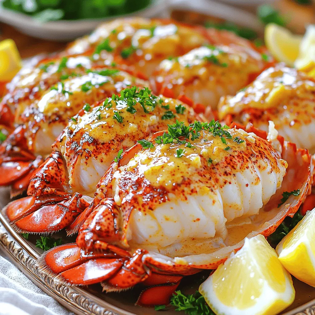 - 4 lobster tails, halved lengthwise - 1/2 cup unsalted butter - 4 cloves garlic, minced - 1/2 cup heavy cream - 1/2 teaspoon paprika - 1/2 teaspoon lemon zest - Salt and black pepper to taste - 2 tablespoons fresh parsley, chopped - Lemon wedges for serving