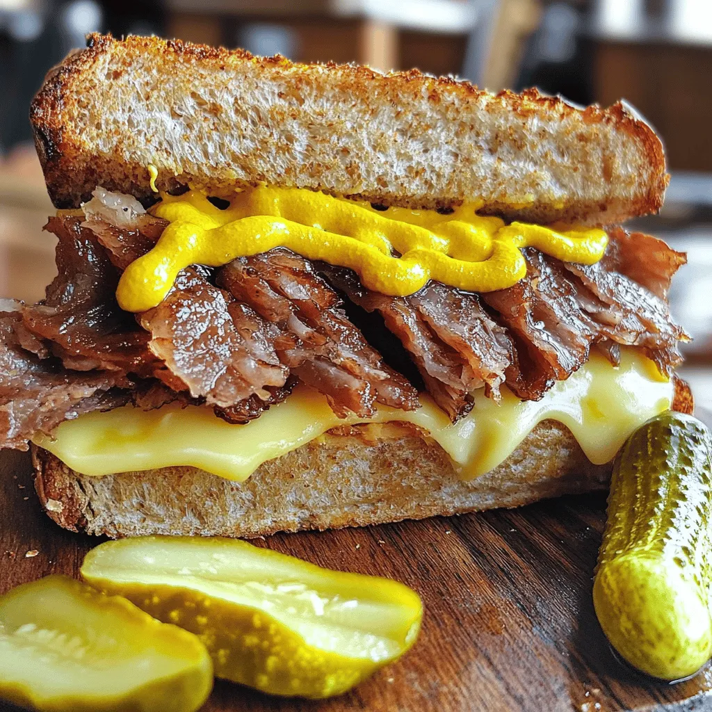 - 1 pound of thick-cut pastrami - 2 slices of rye bread - 2 tablespoons yellow mustard - 2 slices of Swiss cheese (optional) - Dill pickles for serving