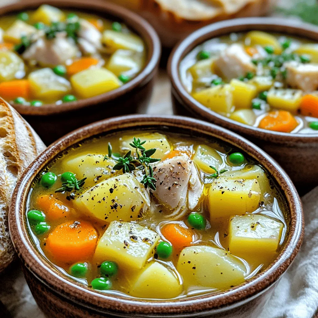 The heart of a great chicken soup recipe lies in its ingredients. For a comforting chicken soup with potatoes recipe, you need basic items. You will need olive oil, onion, carrots, garlic, chicken breasts, chicken broth, potatoes, peas, thyme, paprika, salt, and pepper. Each of these adds a special touch to your soup.