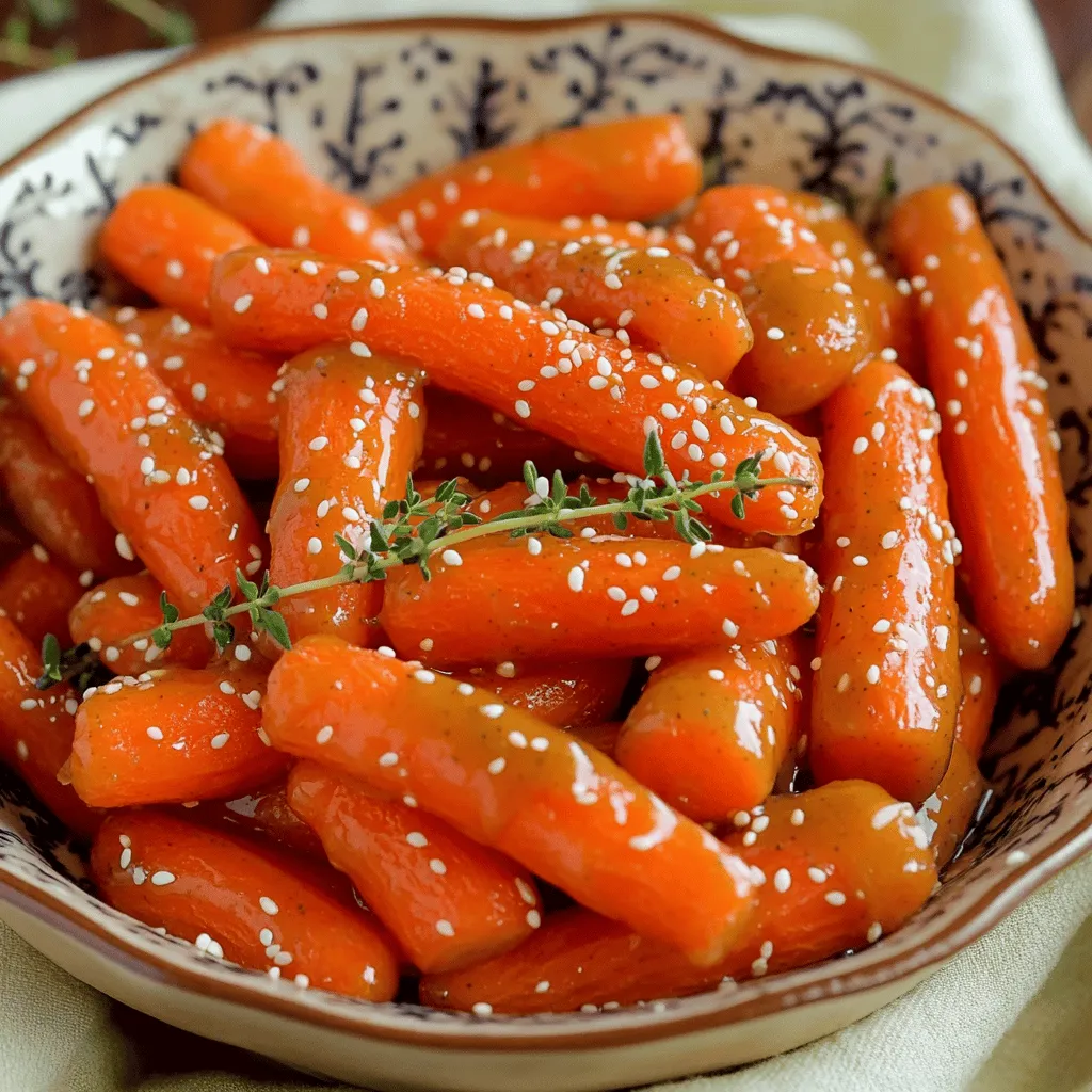 - 1 pound baby carrots (or regular carrots, peeled and cut into sticks) - 3 tablespoons honey - 2 tablespoons Dijon mustard - 1 tablespoon olive oil - 1 teaspoon salt - 1/2 teaspoon black pepper - 1 tablespoon fresh thyme leaves (or 1 teaspoon dried thyme) - 1 tablespoon lemon juice - Optional: Sesame seeds for garnish