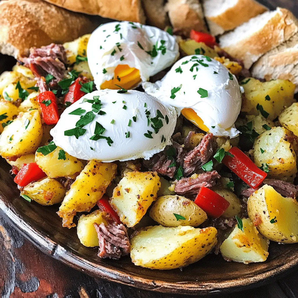 - Corned beef - Potatoes - Onion - Red bell pepper - Garlic