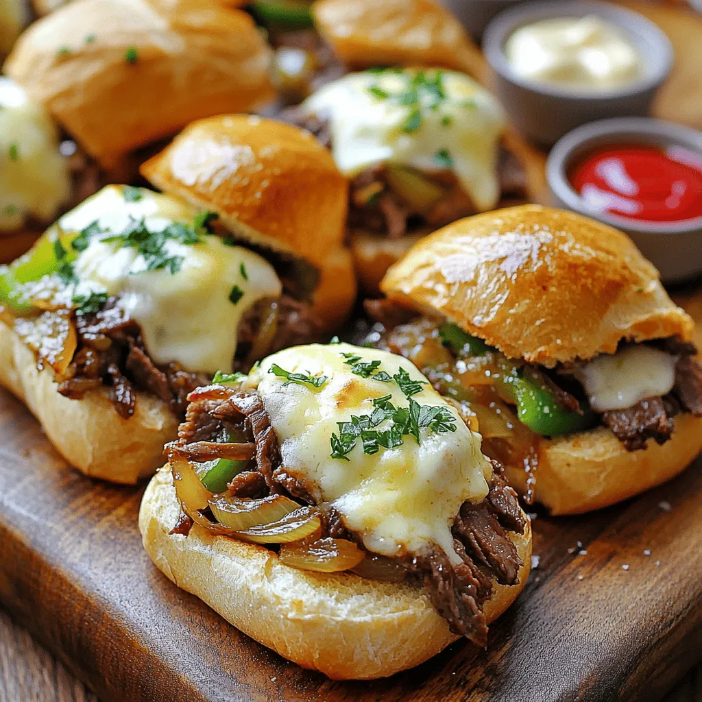 To make Philly cheesesteak sliders, you need a few key ingredients. First, choose 1 pound of skirt steak. Slice it thinly for easy cooking. Next, grab one medium onion and one green bell pepper. Slice these into thin strips too. They bring great flavor to the dish.