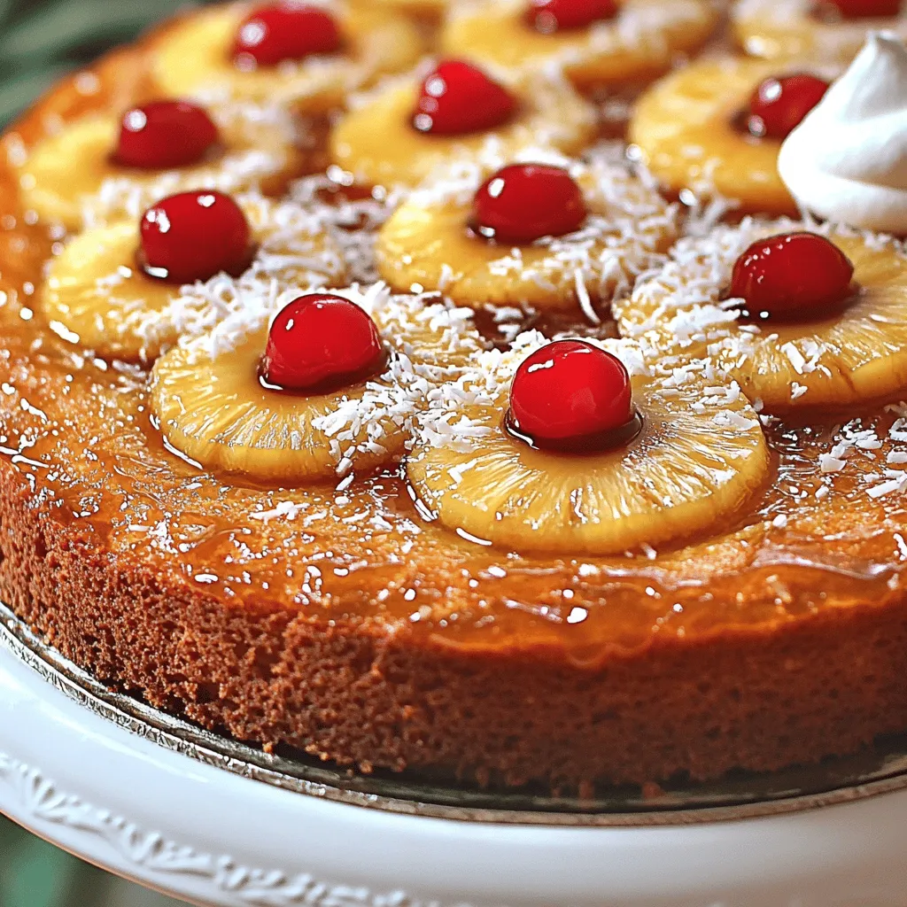 To make the Tropical Delight Pineapple Upside Down Cake, gather these main ingredients: - 1 can (20 oz) pineapple slices in juice, drained - 1/3 cup unsalted butter, melted - 1/2 cup brown sugar, packed - 1/2 cup shredded coconut (sweetened or unsweetened) - 1 cup all-purpose flour - 1 cup granulated sugar - 1 teaspoon baking powder - 1/2 teaspoon baking soda - 1/4 teaspoon salt - 1/2 cup whole milk - 1/4 cup vegetable oil - 2 large eggs - 1 teaspoon vanilla extract - Maraschino cherries (for garnish)