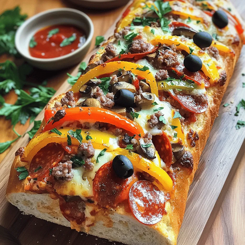 - 1 large loaf of bread (French or Italian) - 1 cup mozzarella cheese, shredded - 1 cup pepperoni slices - 1 cup sautéed vegetables (bell peppers, onions, mushrooms) - 1/2 cup cooked sausage, crumbled - 1/2 cup black olives, sliced