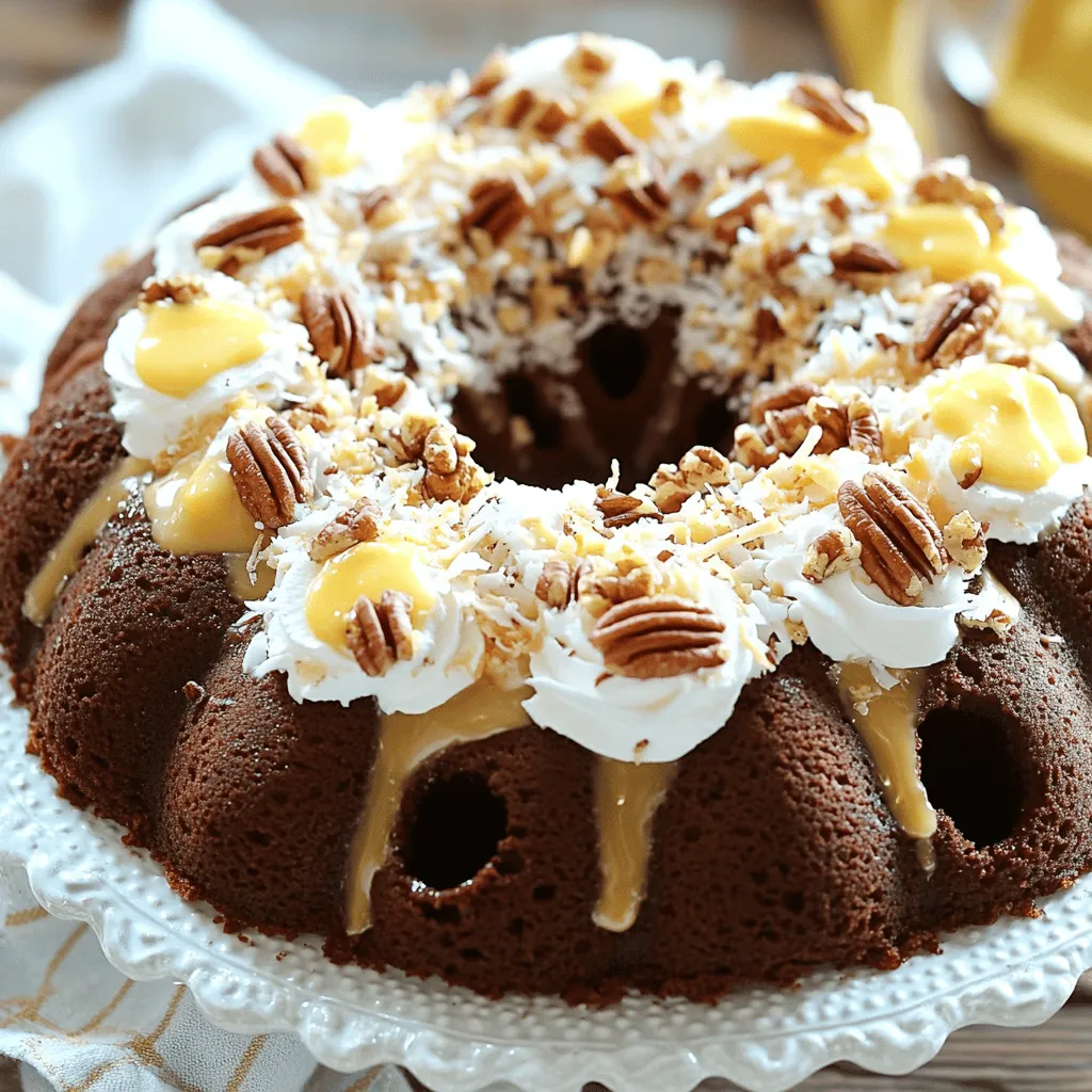 To make a German chocolate poke cake, you need a few key ingredients. First, grab a box of German chocolate cake mix. This mix gives the cake its rich flavor. Next, you will need one cup of coconut milk. It adds moisture and creaminess. You also need three large eggs to bind everything together.