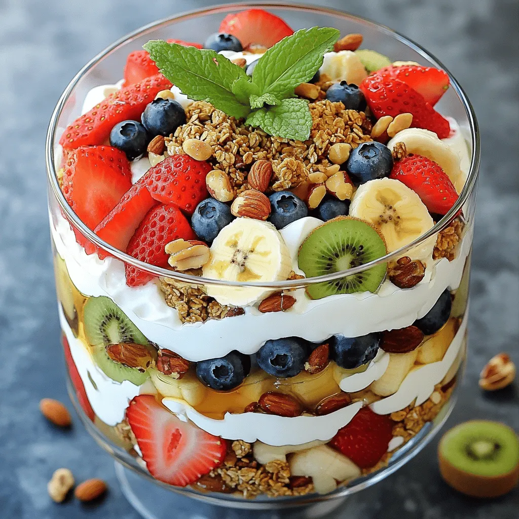 A great fruit and nut trifle starts with fresh, tasty ingredients. The key components include fruits, nuts, yogurt, and whipped cream. These create a lovely mix of flavors and textures.