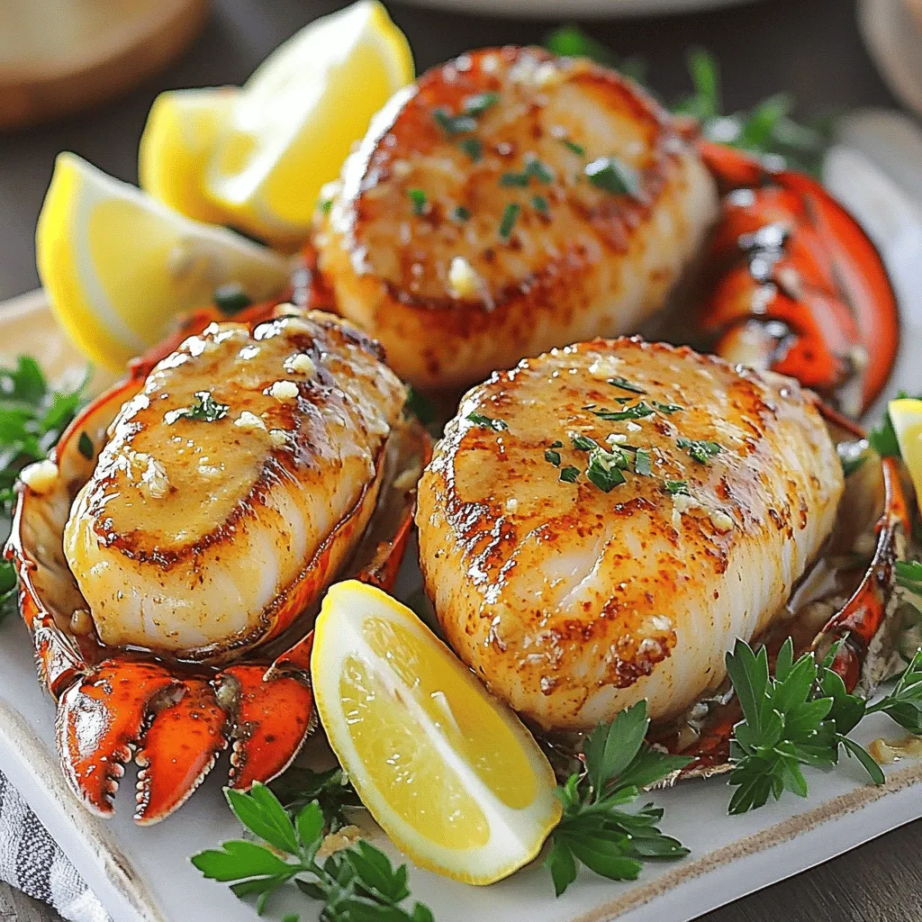 Garlic butter lobster tail and scallops need a few fresh items. The main seafood ingredients are lobster tails and sea scallops. For this recipe, I use two lobster tails and ten large sea scallops. When buying lobster tail, look for bright shells and firm meat. Fresh seafood markets often have the best options.
