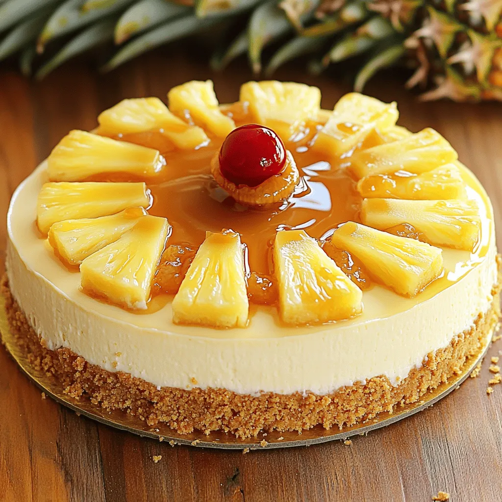 - 1 cup graham cracker crumbs - 1/4 cup unsalted butter, melted - 2 tablespoons brown sugar - 1 (8 oz) package cream cheese, softened - 1/2 cup granulated sugar - 1 teaspoon vanilla extract - 1 cup sour cream - 2 large eggs - 1/4 cup crushed pineapple, drained - 1/4 cup pineapple rings (canned or fresh) - Maraschino cherries for garnish (optional)