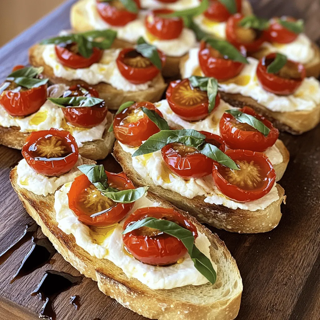 - 1 loaf of ciabatta bread, sliced diagonally - 1 ball of fresh burrata cheese (about 8 oz) - 1 cup cherry tomatoes, quartered - 1 cup fresh basil leaves, chopped - 2 cloves garlic, minced - 3 tablespoons extra virgin olive oil - 1 tablespoon balsamic glaze - Salt and pepper to taste