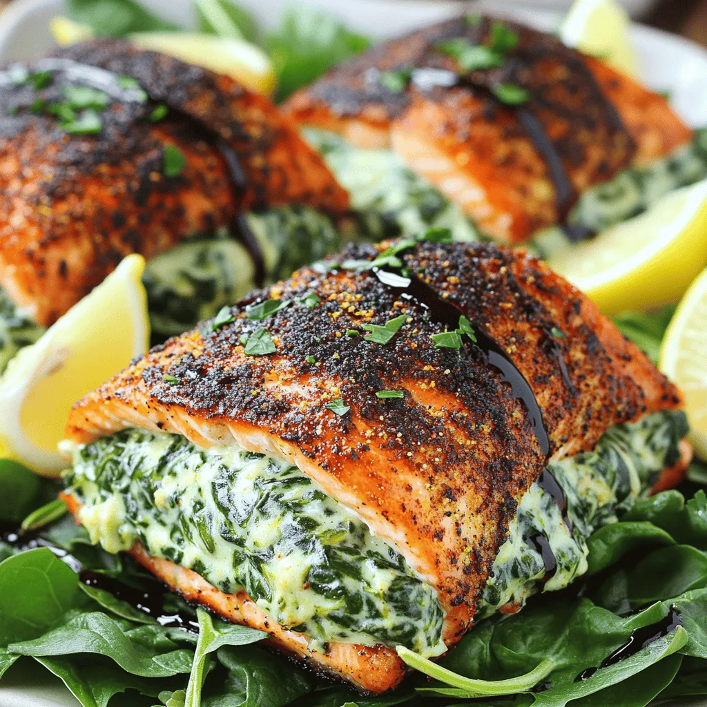 Blackened salmon is a dish that bursts with flavor. To make this dish, you need fresh and simple ingredients. The main stars are salmon fillets, creamy spinach, and Parmesan cheese.