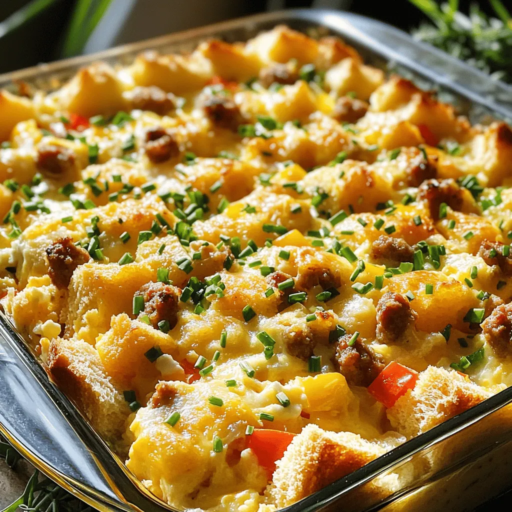 To make this easy breakfast casserole, gather these simple ingredients: - 6 large eggs - 1 cup milk - 2 cups cubed day-old bread (preferably sourdough) - 1 cup cooked sausage, crumbled - 1 cup shredded cheddar cheese - 1/2 cup diced bell pepper (any color) - 1/2 cup chopped onion - 1 teaspoon garlic powder - 1/2 teaspoon black pepper - 1 teaspoon salt - Fresh herbs for garnish (optional, like chives or parsley)