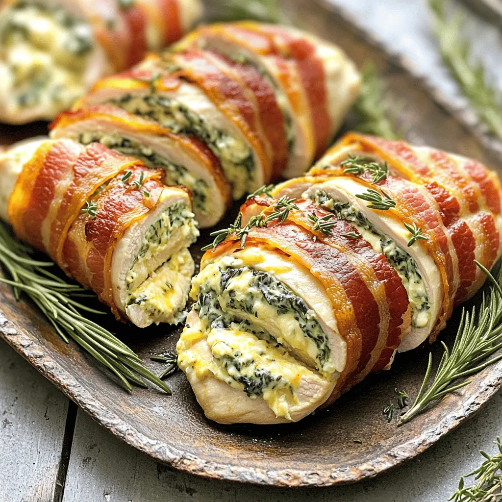 - 4 boneless, skinless chicken breasts - 8 slices of thick-cut bacon - 1 cup fresh spinach, chopped - 1/2 cup cream cheese, softened - 1 cup shredded mozzarella cheese