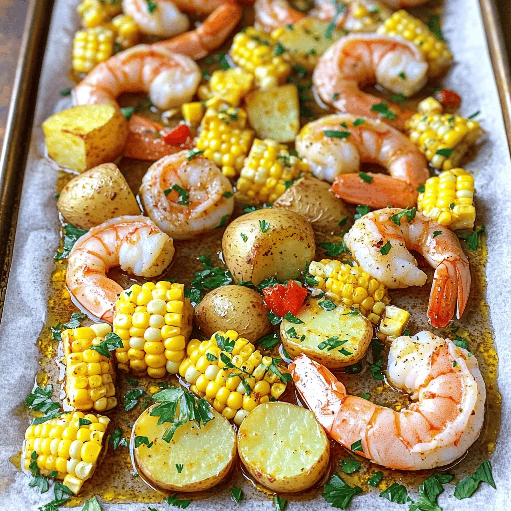 - 1 pound large shrimp, peeled and deveined - 8 ounces baby potatoes, halved - 2 ears of corn, cut into thirds - 1 bell pepper, diced (red or yellow for color) - 2 tablespoons olive oil