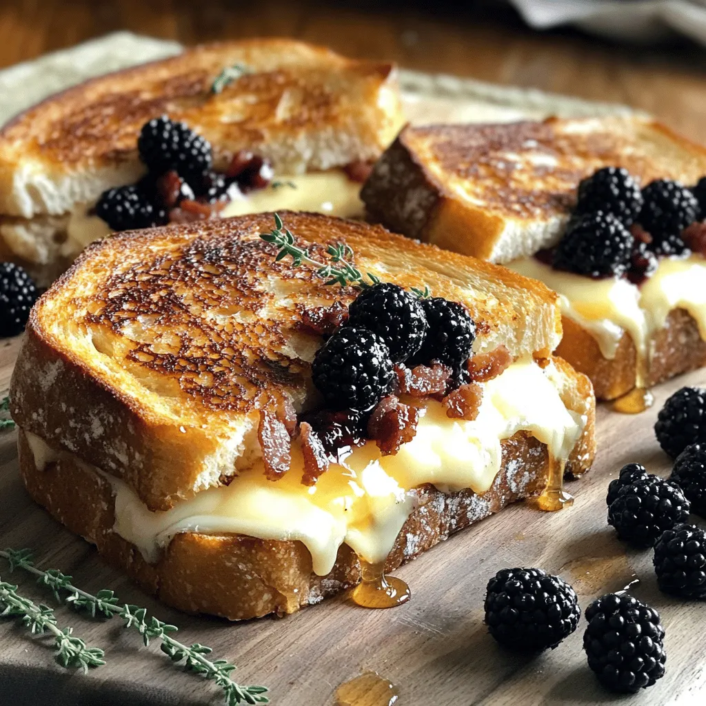 To make this tasty sandwich, gather these main ingredients: - 4 slices of sourdough bread - 6 oz brie cheese, sliced - 6 strips of cooked bacon, crumbled - 1/2 cup fresh blackberries - 2 tablespoons honey - 2 tablespoons unsalted butter, softened - Fresh thyme leaves for garnish (optional) - Salt and pepper to taste