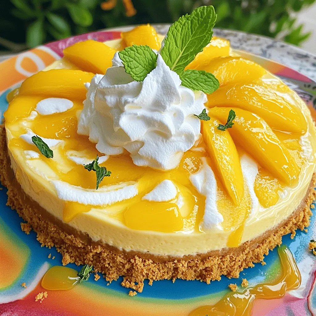 To make a delicious tropical mango cheesecake, you need a few key ingredients. First, the crust forms the base. I use graham cracker crumbs, butter, and sugar. These three create a sweet, crunchy layer.