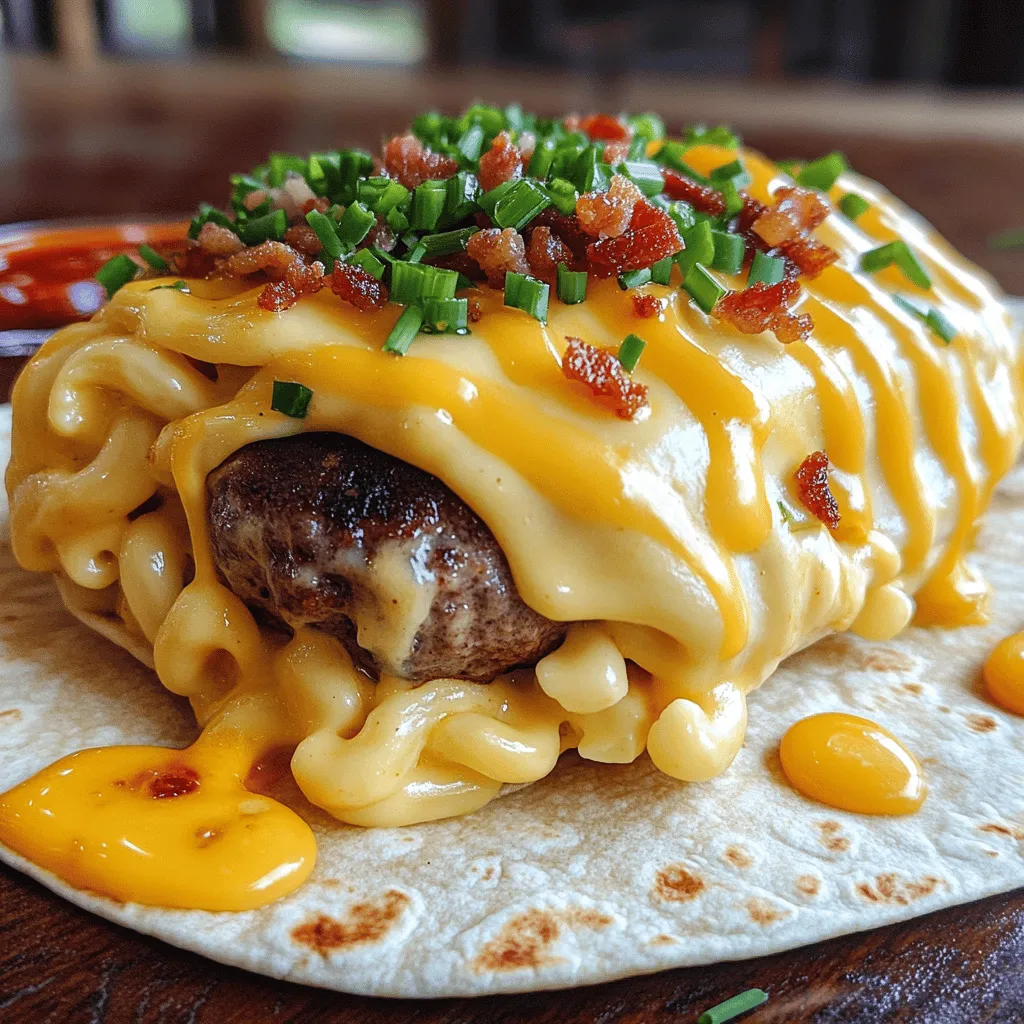 To make a great bacon mac’n’cheese burger wrap, you need several key ingredients. Start with one pound of ground beef. This forms the base for your burger. You will also need four slices of cooked bacon. Crumble the bacon for easy mixing.