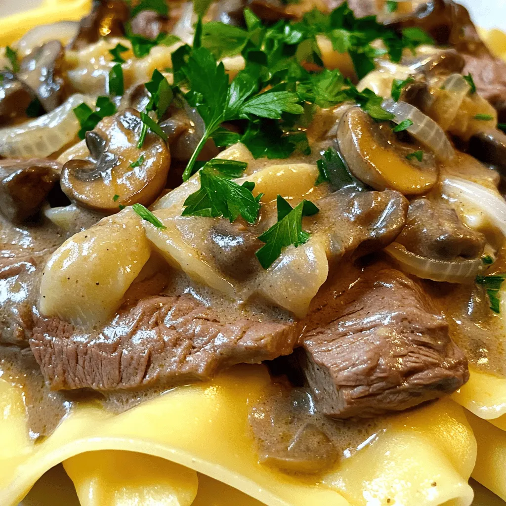 - 1 lb beef sirloin, thinly sliced - 2 tablespoons olive oil - 1 medium onion, finely chopped - 2 cloves garlic, minced - 8 oz mushrooms, sliced (cremini or button)