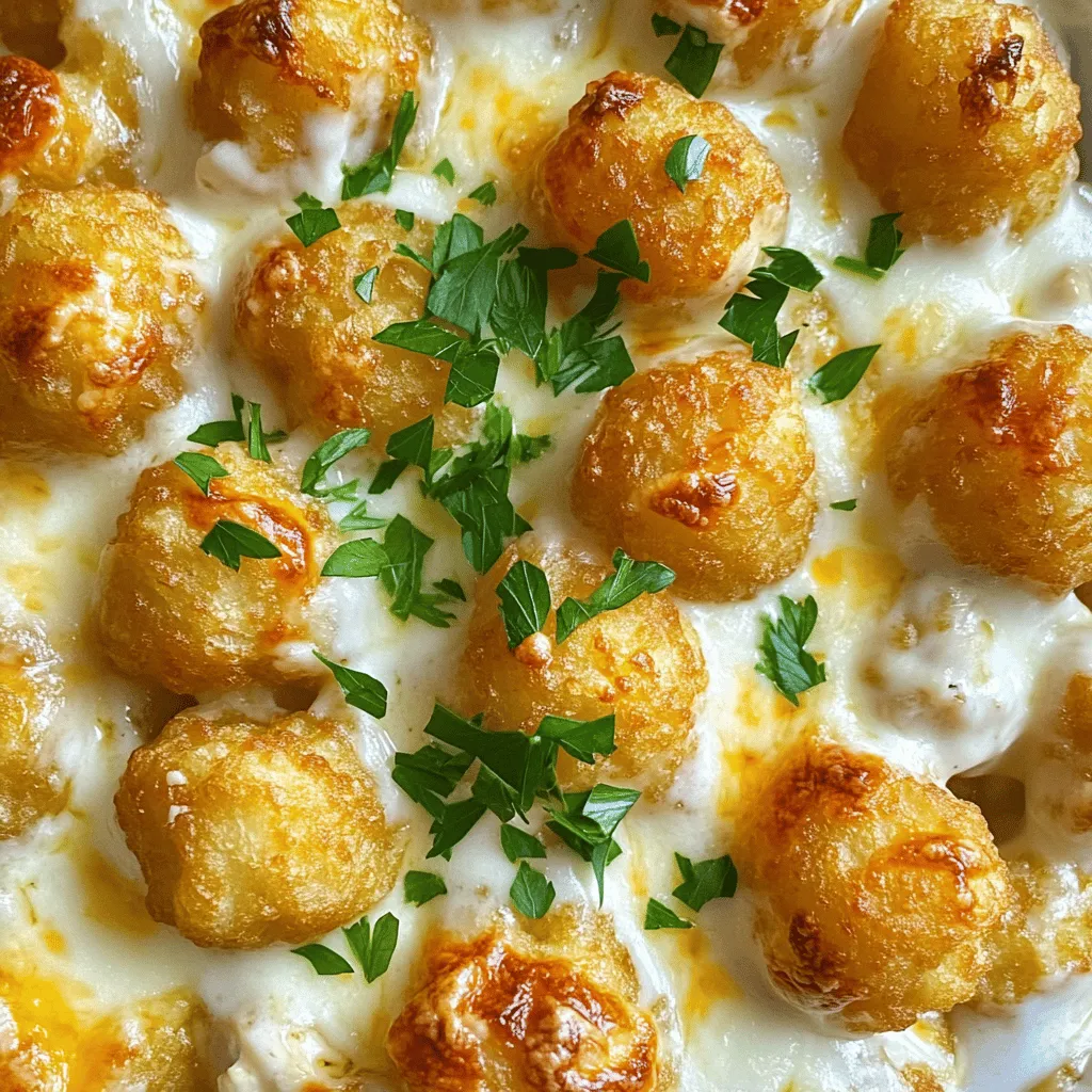 The main ingredients for the savory creamy chicken Alfredo tater tot casserole are simple and tasty. You need one pound of boneless, skinless chicken breasts, diced into small pieces. The chicken gives the dish a good protein base. Next, grab a 32-ounce package of frozen tater tots. They add a crispy texture that pairs well with the creamy sauce.