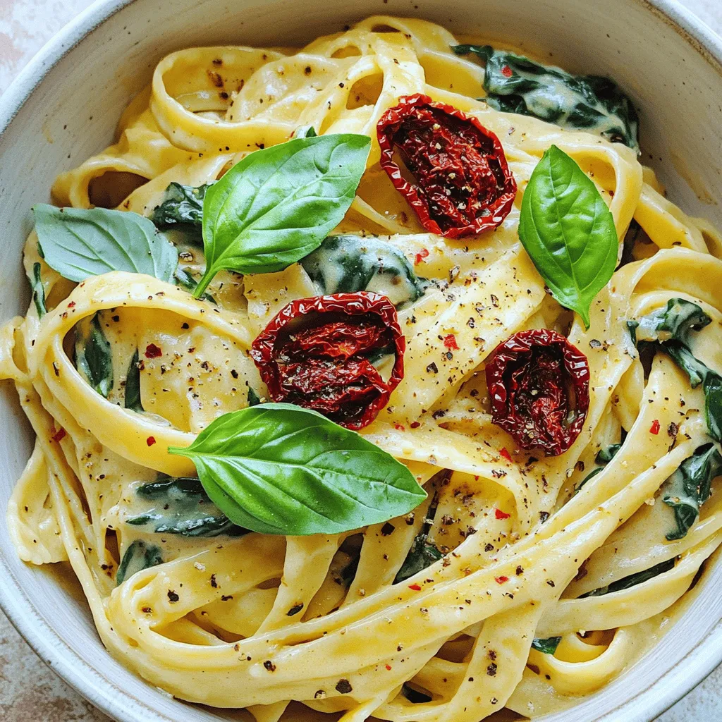 For this creamy sun-dried tomato spinach pasta, you need: - 8 ounces pasta (fettuccine or penne works well) - 1 cup sun-dried tomatoes, packed in oil, drained and sliced - 3 cups fresh spinach, roughly chopped - 1 cup heavy cream (or coconut cream for a dairy-free option) - 1/2 cup grated Parmesan cheese (optional for a non-dairy version) - 3 cloves garlic, minced - 1 tablespoon olive oil - 1 teaspoon dried oregano - Salt and pepper to taste - Crushed red pepper flakes (optional, for a little heat) - Fresh basil leaves for garnish