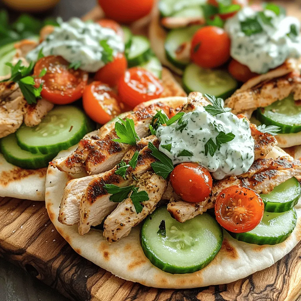 - 2 large chicken breasts, sliced into thin strips - 4 tablespoons olive oil - 2 garlic cloves, minced - 2 teaspoons dried oregano - 1 teaspoon cumin - 1 teaspoon paprika - Salt and pepper to taste - 4 pita bread or flatbreads
