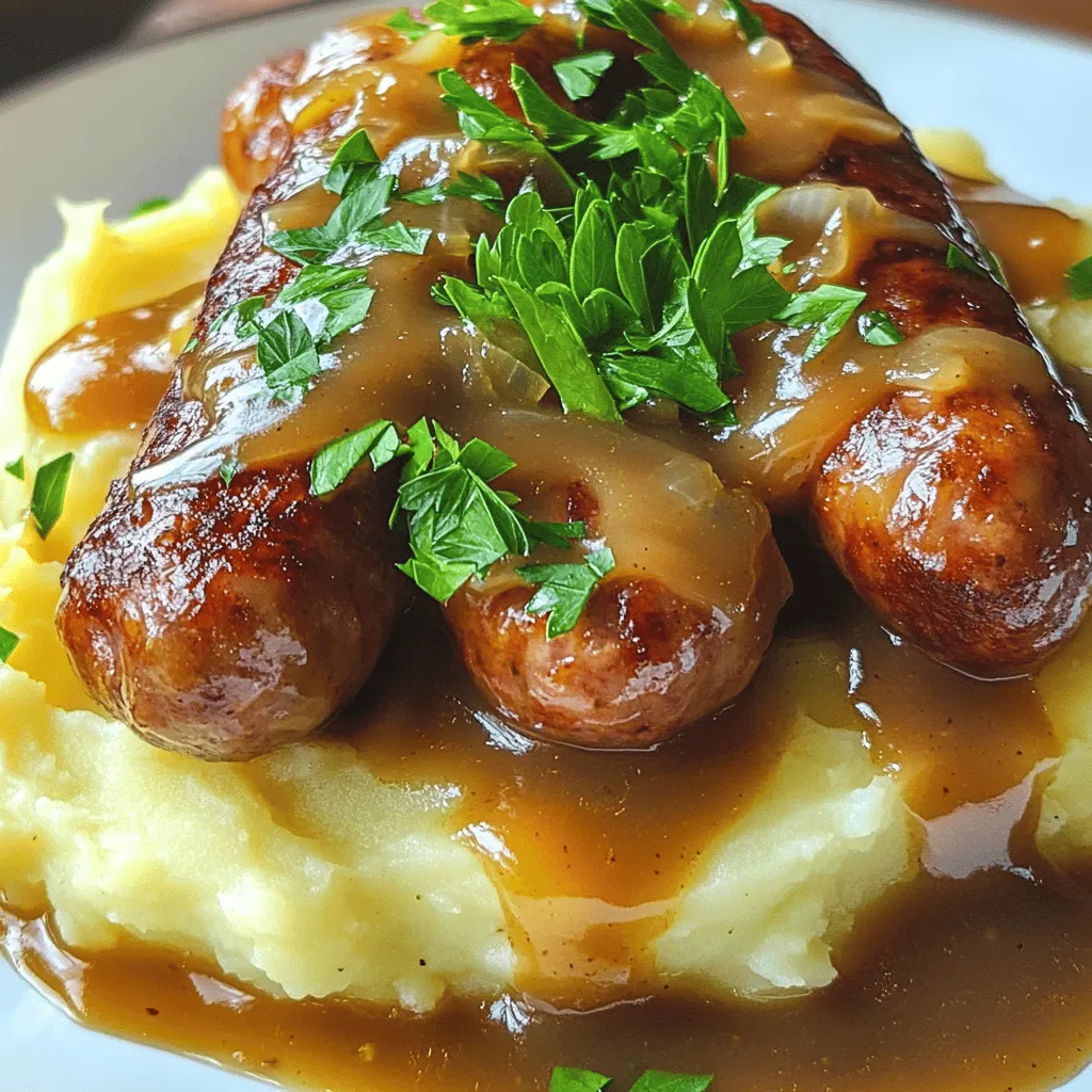 - 4 high-quality pork sausages (or vegetarian sausages) - 2 pounds of Yukon Gold potatoes, peeled and diced - 1 cup whole milk - 4 tablespoons unsalted butter - 1 medium onion, finely chopped - 1 cup beef or vegetable broth - 1 tablespoon Worcestershire sauce - 1 teaspoon Dijon mustard - Salt and pepper to taste - Fresh parsley, chopped for garnish