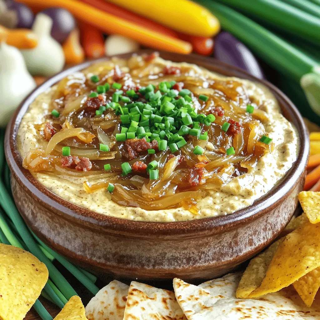The main stars of my caramelized onion dip recipe are onions and bacon. Caramelized onions bring a sweet and rich taste. They provide depth and balance to the dip. I use four large onions, sliced thinly. The process takes time, but it