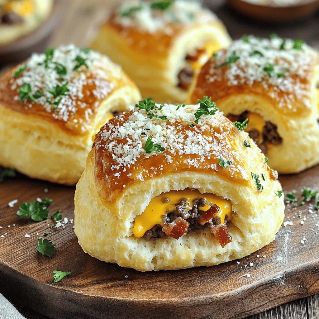 Garlic Parmesan Bacon Cheeseburger Bombs are a fun twist on classic burgers. They combine juicy beef, crispy bacon, and rich cheese. Wrapped in soft biscuit dough, these bombs are perfect for any meal or snack.
