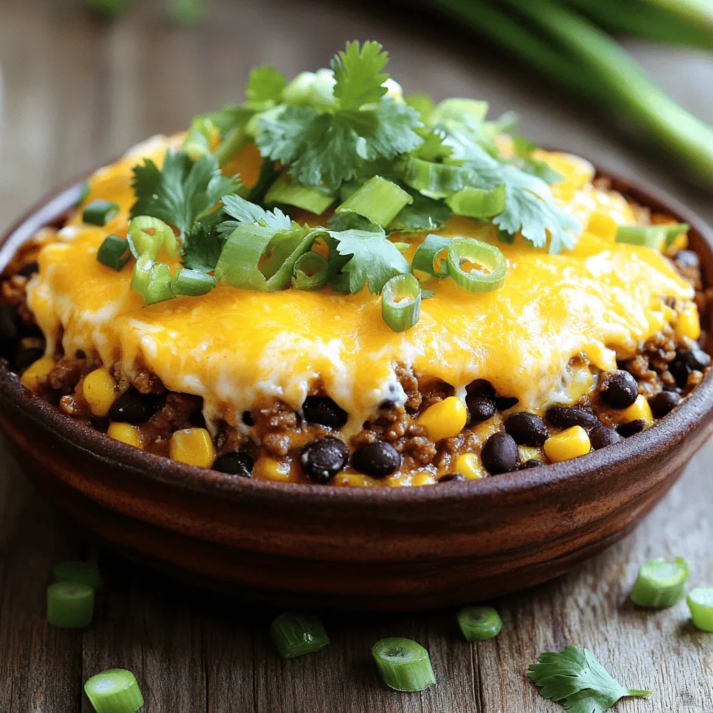 - 1 lb ground beef or turkey - 1 packet taco seasoning - 1 can (15 oz) black beans, rinsed and drained - 1 can (15 oz) corn, drained - 1 cup salsa - 1 cup diced tomatoes (fresh or canned) - 2 cups tortilla chips, crushed - 2 cups shredded cheddar cheese - 1 cup sour cream - 1/2 cup green onions, chopped - Fresh cilantro for garnish (optional) - Salt and pepper to taste