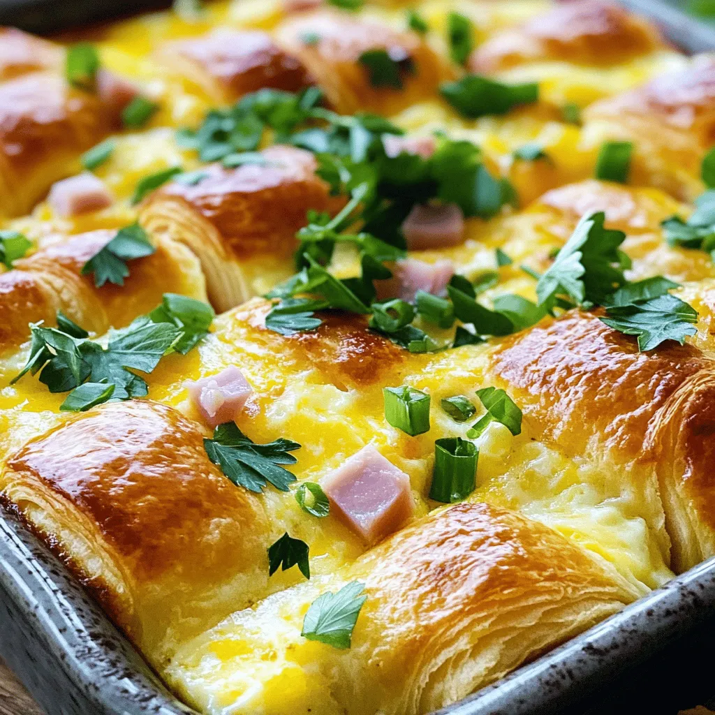 To make this delicious dish, you need the following items: - 4 large croissants, sliced into quarters - 6 large eggs - 1 cup milk - 1 cup shredded cheddar cheese - 1 cup diced cooked ham (or cooked bacon) - 1/2 cup sliced green onions - 1/2 teaspoon garlic powder - 1/2 teaspoon salt - 1/4 teaspoon black pepper - Fresh parsley for garnish (optional)
