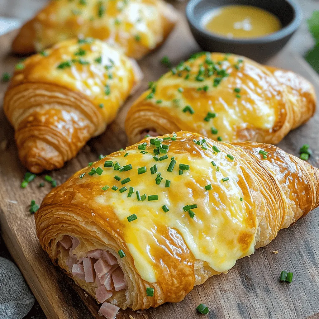 - 6 large buttery croissants - 1 cup cooked ham, diced - 1 cup shredded Gruyère cheese (or Swiss cheese) - ½ cup cream cheese, softened - 2 tablespoons Dijon mustard - 1 tablespoon fresh chives, chopped - 1 tablespoon fresh parsley, chopped - 1 teaspoon garlic powder - Salt and pepper to taste - 1 egg, beaten (for egg wash)