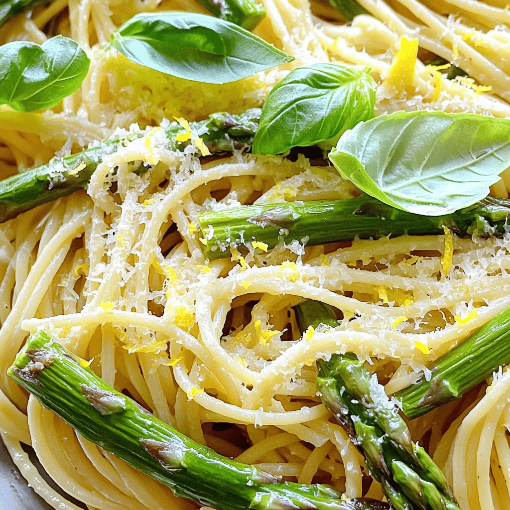 - 8 oz spaghetti or fettuccine - 1 bunch asparagus, trimmed and cut into 2-inch pieces - 2 tablespoons olive oil - 2 garlic cloves, minced - 1 lemon, zested and juiced - ½ cup grated Parmesan cheese - Crushed red pepper flakes - Salt and pepper to taste - Fresh basil leaves for garnish