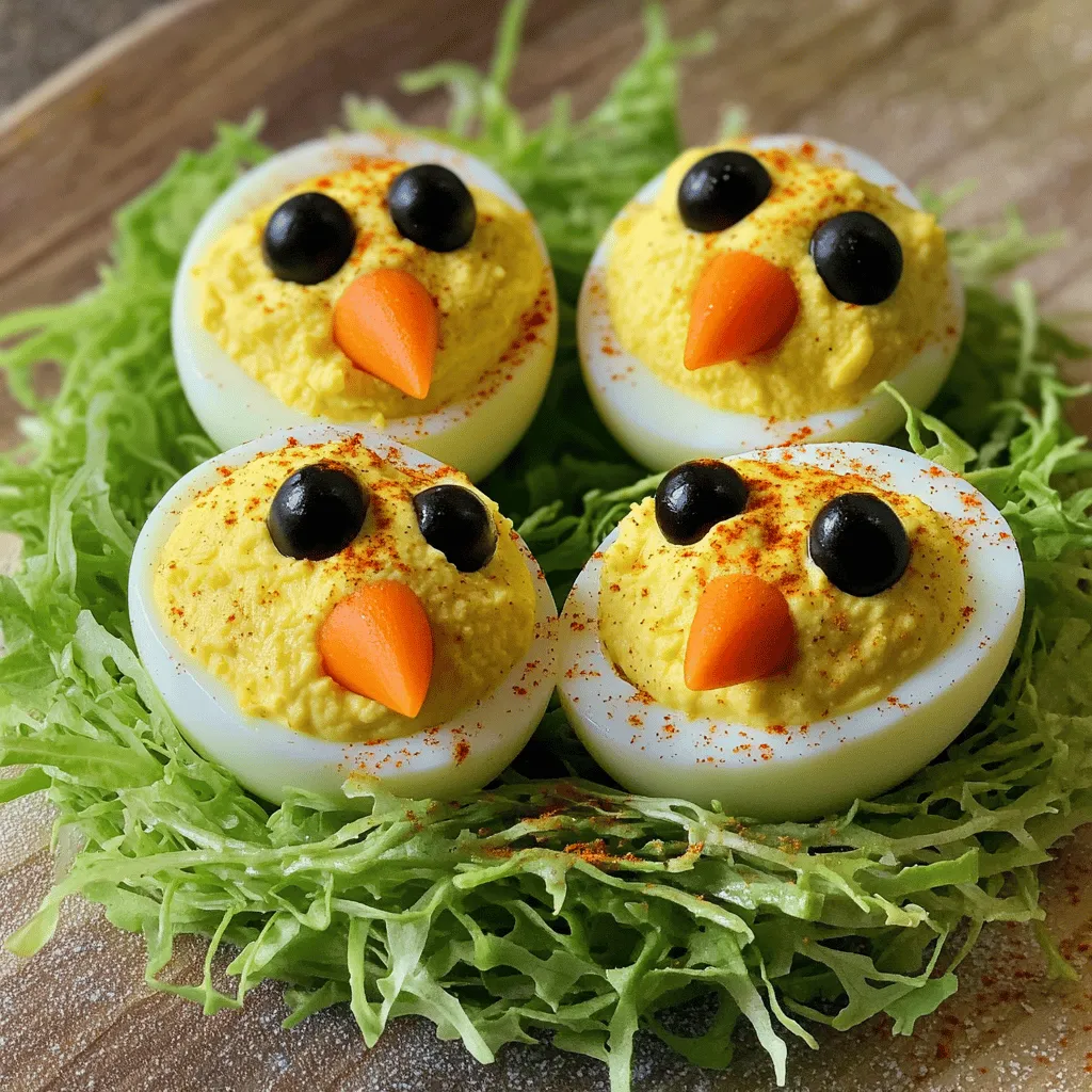 - 6 large eggs - 2 tablespoons mayonnaise - 1 teaspoon Dijon mustard - 1 teaspoon apple cider vinegar - 1/4 teaspoon paprika - Salt and pepper to taste - Black olives for decoration - Baby carrots for beaks - Fresh chives for garnish