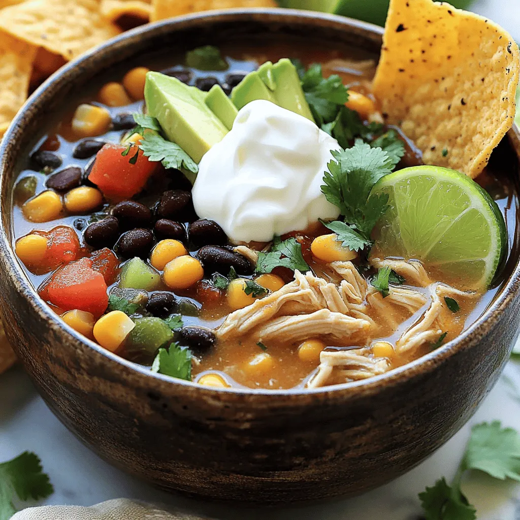 To make a tasty slow cooker chicken taco soup, you need a few key ingredients. First, use 1 pound of boneless skinless chicken breasts. This chicken is tender and easy to shred. You also need 1 can of black beans and 1 can of corn. These add great texture and nutrition.