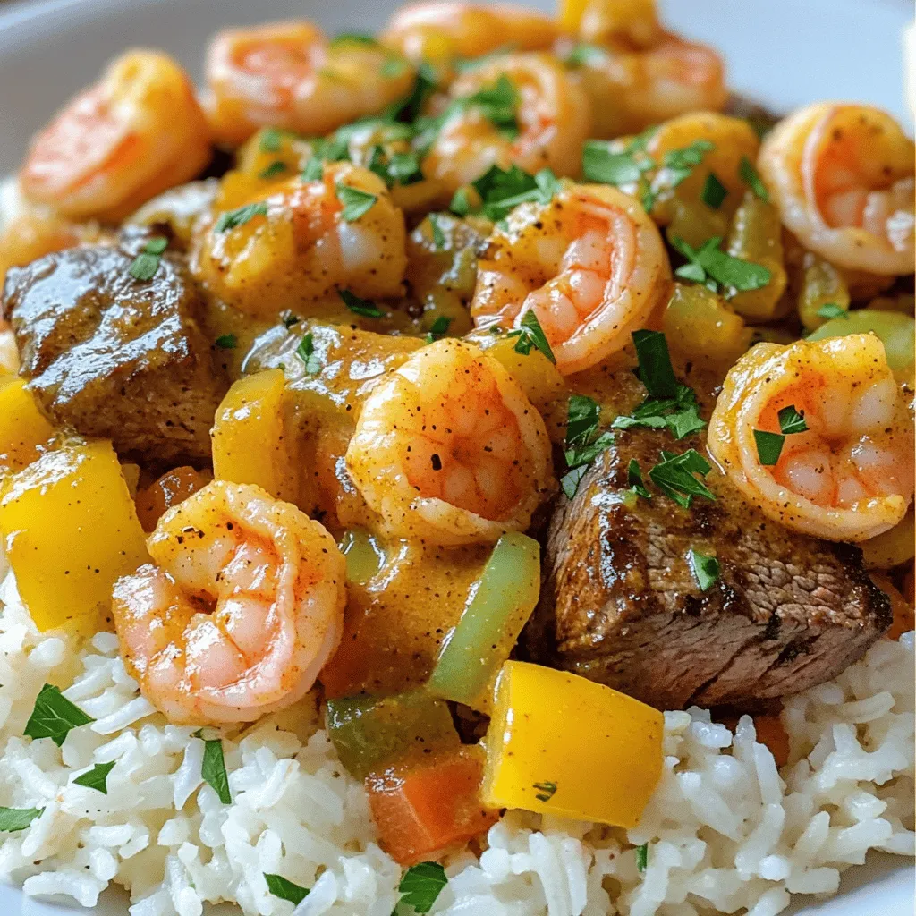 To create the Ultimate Cajun shrimp and steak, start with fresh ingredients. You will need 1 pound of shrimp and 1 pound of ribeye steak. Both should be cut into easy-to-eat pieces. Gather 2 tablespoons of Cajun seasoning, 4 minced garlic cloves, 1 diced bell pepper, 1 diced onion, 2 tablespoons of olive oil, and 1 tablespoon of unsalted butter. Don’t forget 1 cup of heavy cream, 1 teaspoon of smoked paprika, and salt and pepper for taste. Fresh parsley adds a nice touch at the end. You can serve this feast over cooked rice or with crusty French bread.