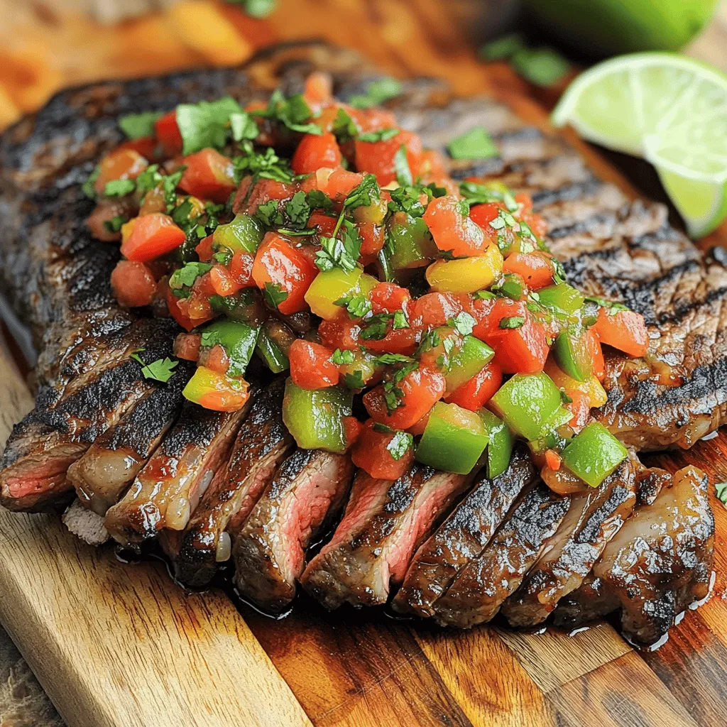 For a great grilled flank steak with tomato pepper salsa, you need fresh and simple ingredients. The main star is the flank steak. You will need 1.5 lbs of flank steak for this recipe.