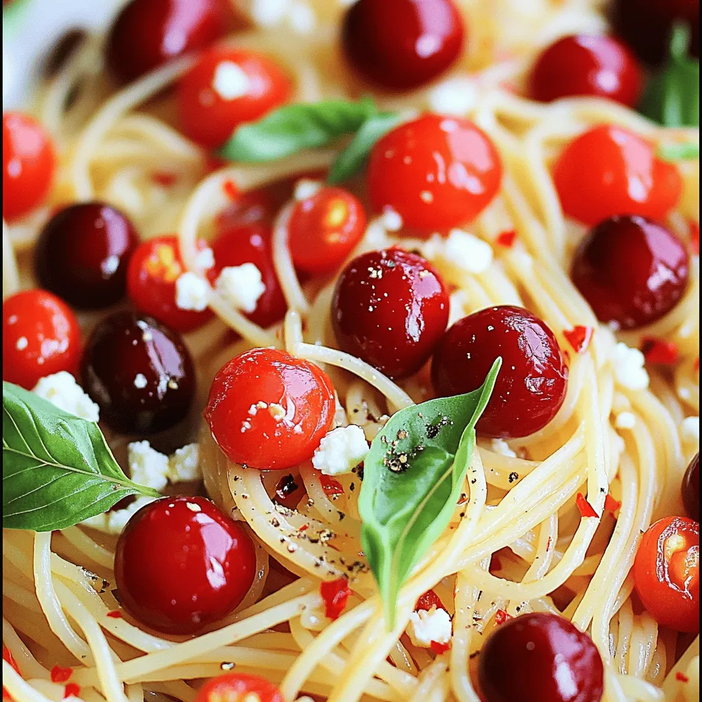 The summer cherry spaghetti recipe shines with fresh and bright flavors. Key ingredients include spaghetti, fresh cherries, cherry tomatoes, garlic, and olive oil.
