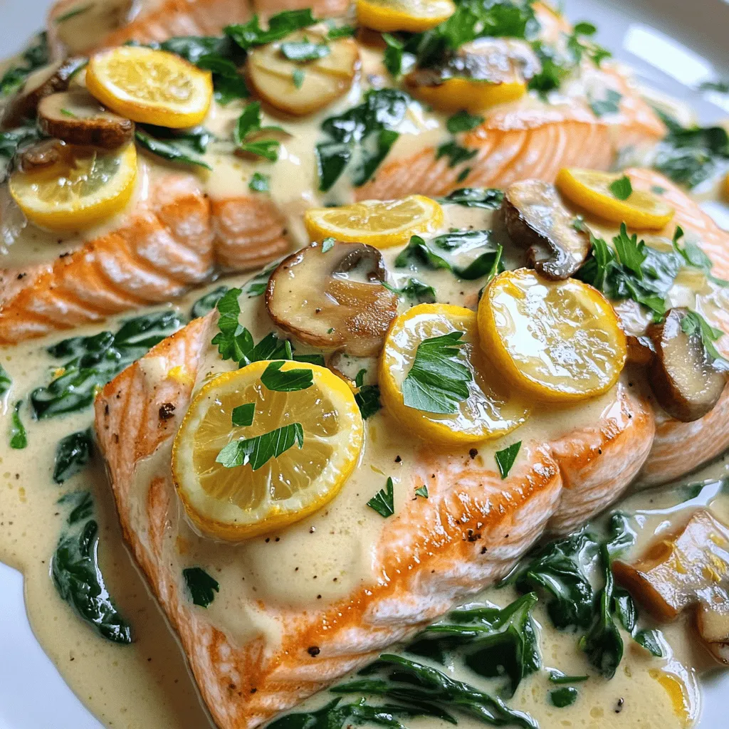 For this dish, you need fresh salmon fillets, olive oil, mushrooms, garlic, heavy cream, spinach, thyme, lemon zest, salt, and pepper. Each ingredient plays a key role in making the flavors shine.