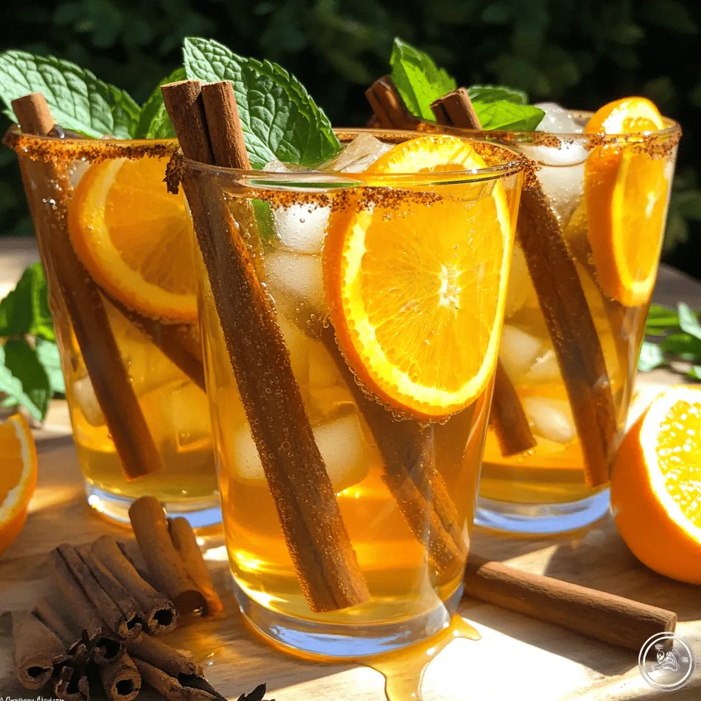 To make the easy orange cinnamon iced tea recipe, you need a few simple items. Start with 4 cups of water. You will also need 4 black tea bags or 4 tablespoons of loose black tea. The star of the drink is 1 large orange, sliced. Two cinnamon sticks add warmth and spice. Finally, use 1/4 cup of honey to sweeten the tea. Ice cubes will keep it cool, and fresh mint leaves make a nice garnish.